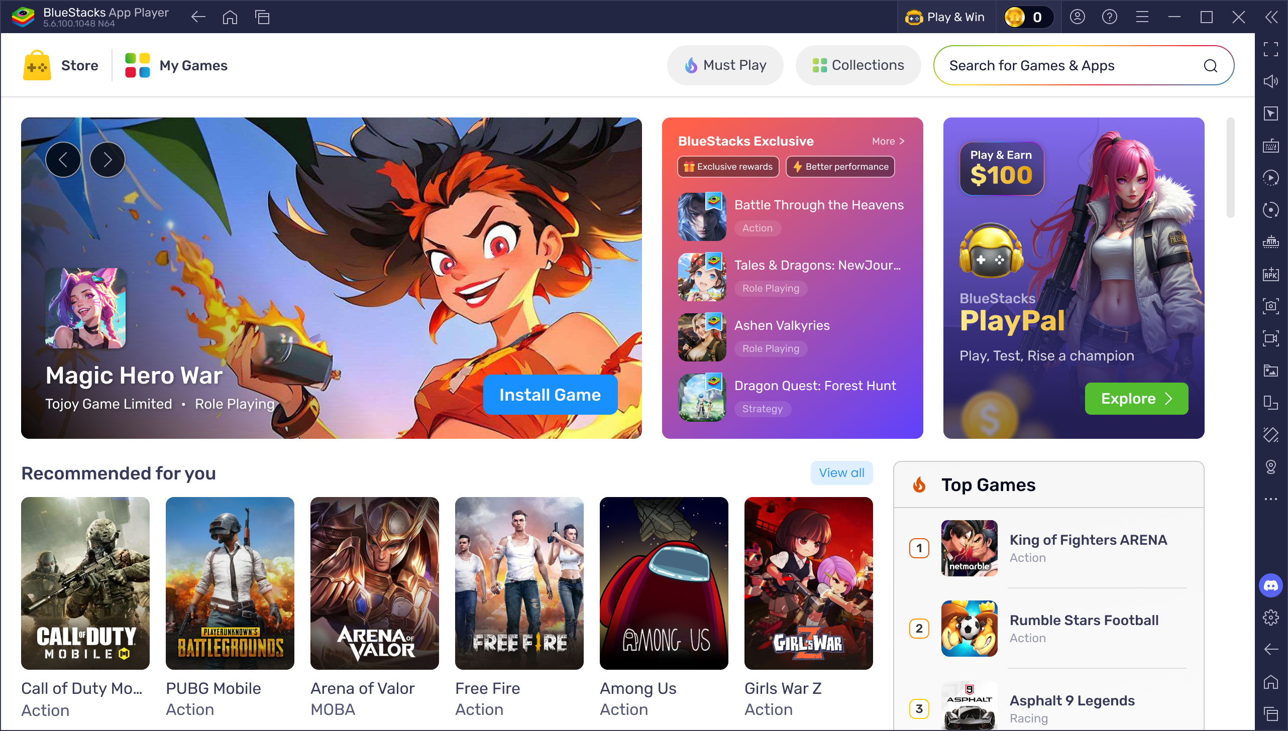 BlueStacks 5 Store — featured game hero, BlueStacks Exclusive rail, recommended games and top games list