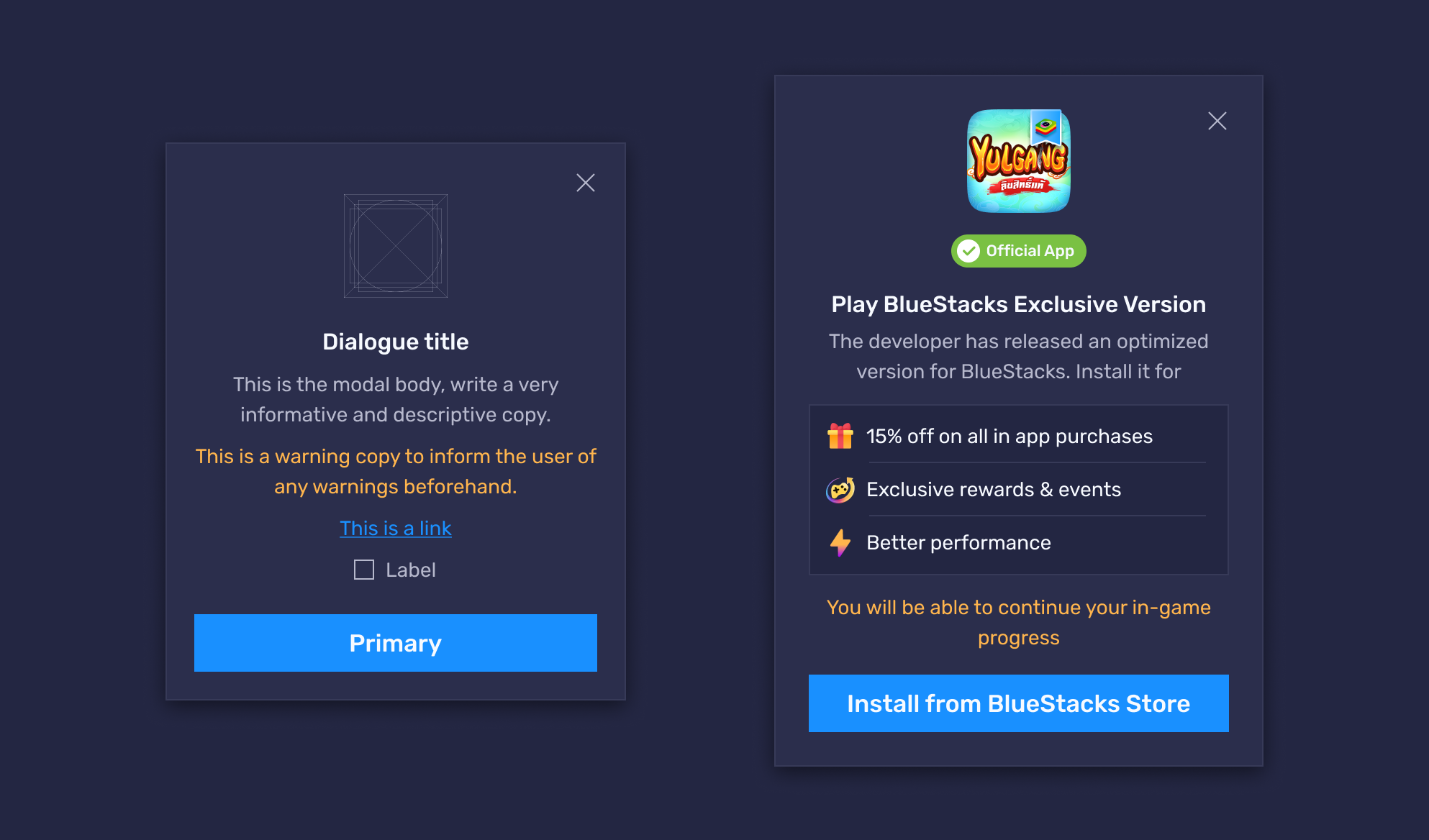 Dialog component: a generic template beside a live 'Play BlueStacks Exclusive Version' dialog built from it