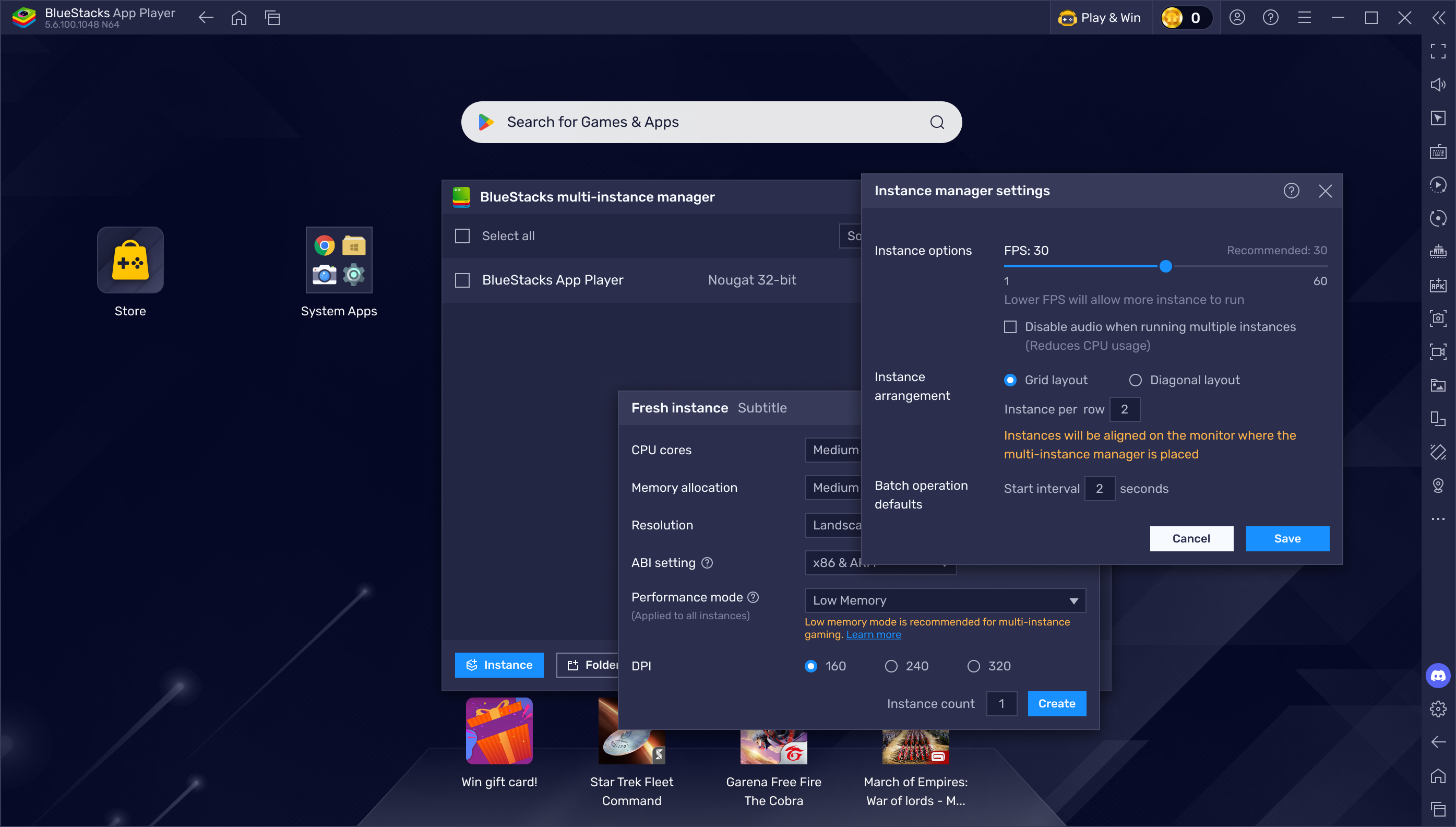 Instance manager, fresh-instance form and instance settings dialog layered over the BlueStacks 5 home