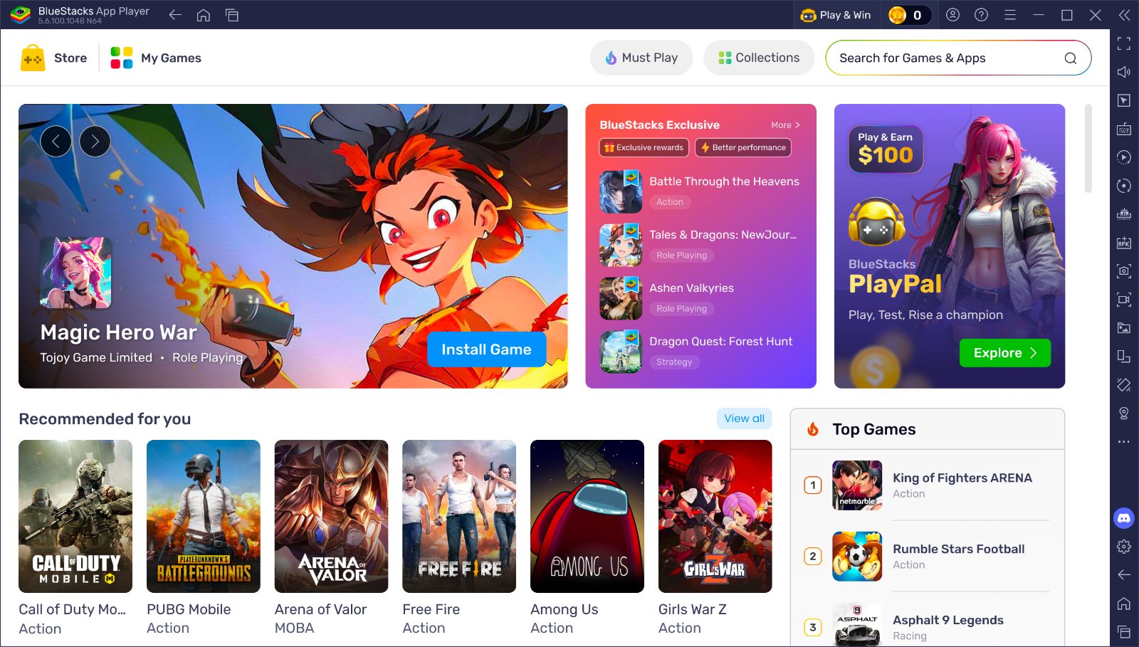 BlueStacks 5 Store — featured game, exclusives rail and recommendations