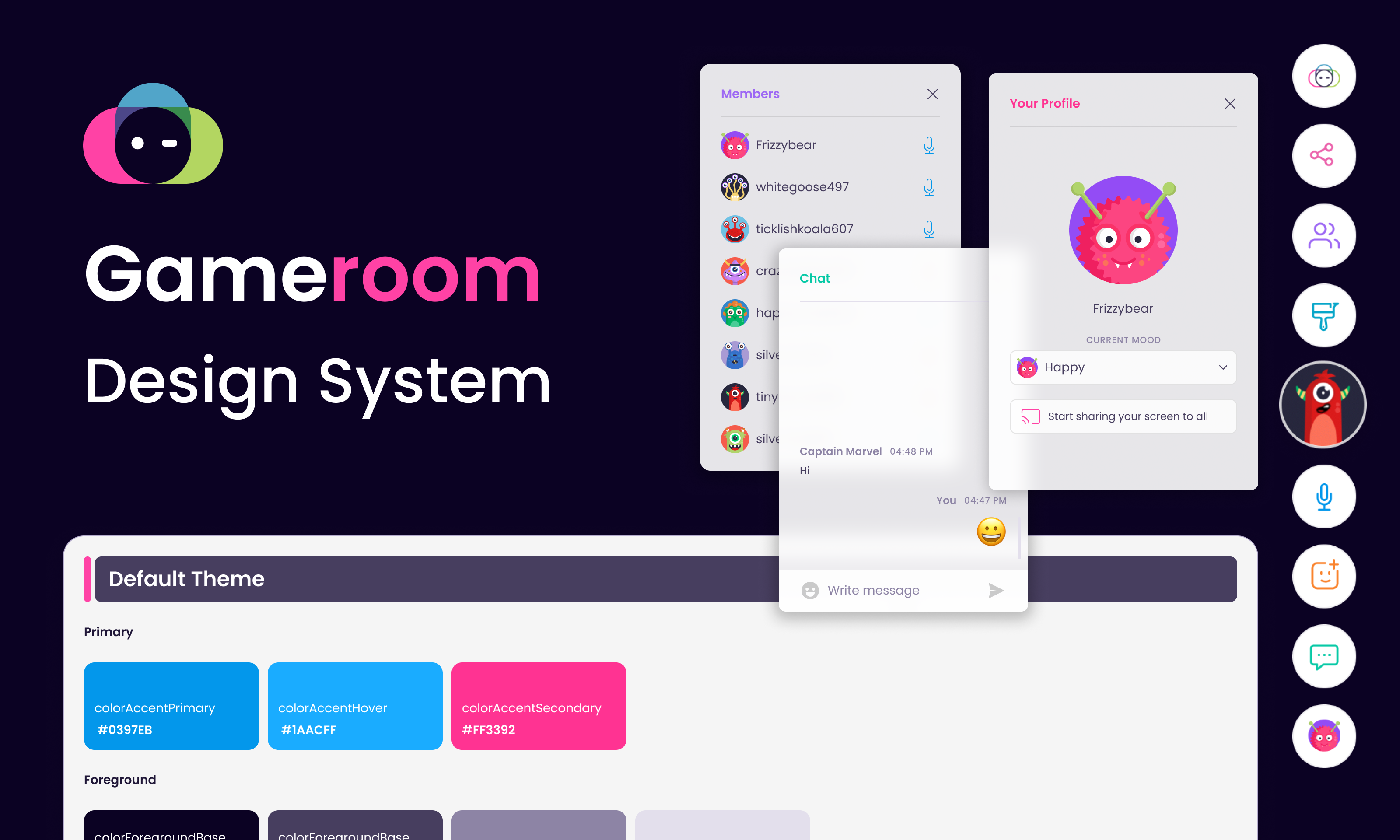 Gameroom design system cover: members list, chat, profile panel and primary colour tokens